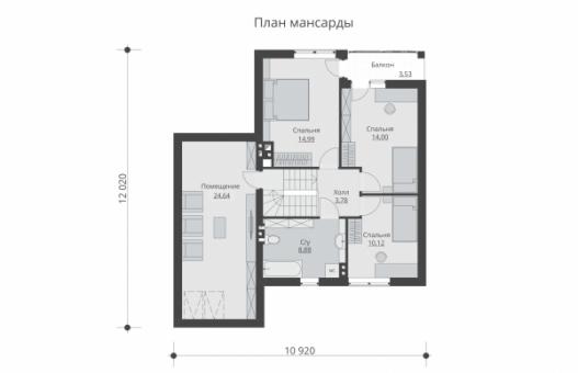 Одноэтажный дом с мансардой, террасой, балконом и гаражом